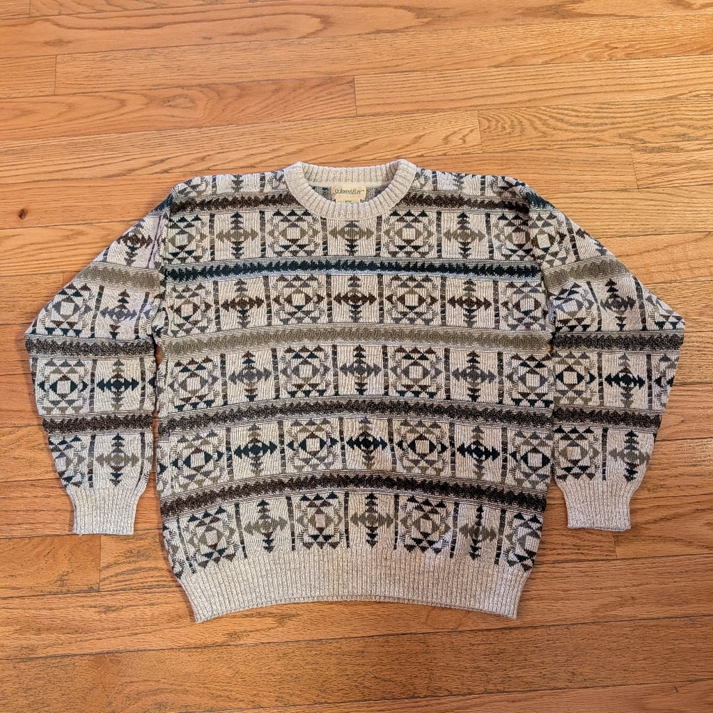 Vintage 90s Geometric Pattern Earth Tones Oversized Knit Sweater St. John's Bay